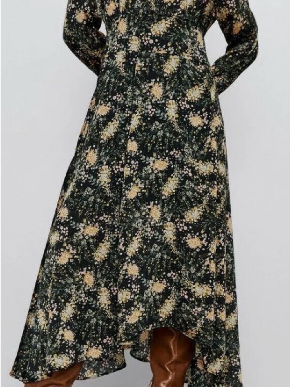 Zara Black Floral Long Sleeve Maxi Dress Sz Medium